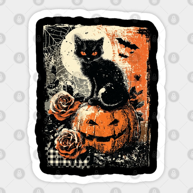 Black Cat on Pumpkin Vintage Halloween Distressed Gothic Sticker by JessArty